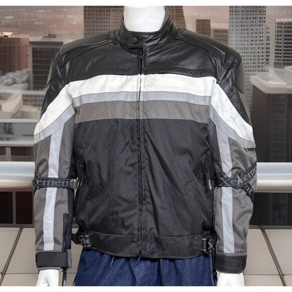 XElement Leather Motorcycle Jacket Mens L Black Reflective Waterproof Zip Liner - Picture 1 of 10